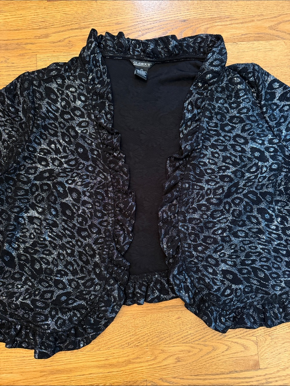 Glamour Black & Silver Ruffle-Trim Open-Front Cardigan 2XL